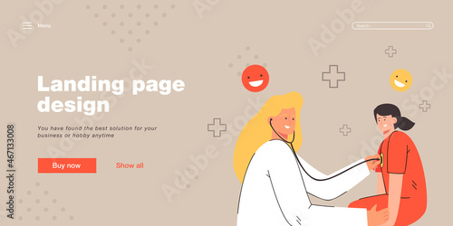 Female pediatrician examining sick girl with stethoscope. Pediatric assessment, physical examination flat vector illustration. Pediatrics concept for banner, website design or landing web page