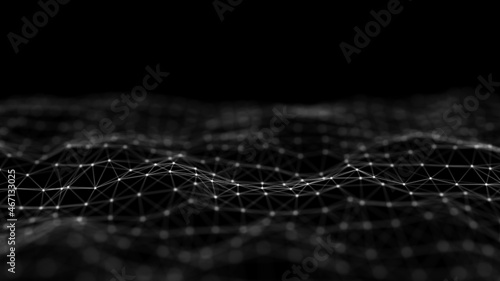 Abstract technology wave of particles. Big data visualization. Background with motion dots and lines. Artificial intelligence.