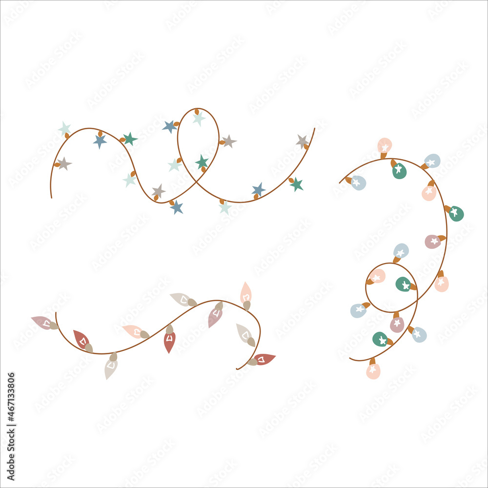 Garland of lights decoration in doodle style. Simple decor for a festive Christmas and New Years. Vector illustration isolated on white background. Garland of lights decoration in doodle style. Simple decor for a festive Christmas and New Years. Vector illustration isolated on white background.