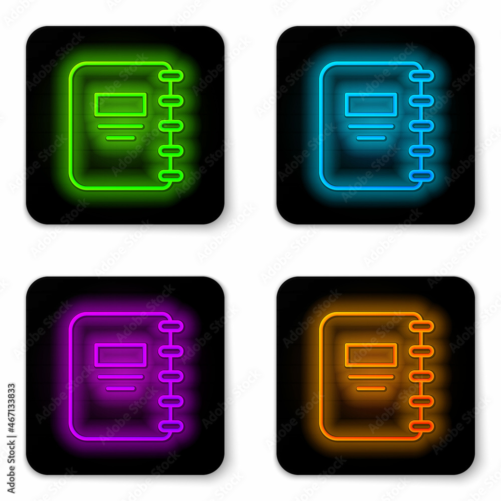 Glowing neon line Notebook icon isolated on white background. Spiral notepad icon. School notebook. Writing pad. Diary for school. Black square button. Vector Glowing neon line Notebook icon isolated on white background. Spiral notepad icon. School notebook. Writing pad. Diary for school. Black square button. Vector
