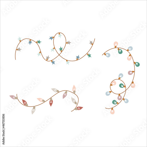 Garland of lights decoration in doodle style. Simple decor for a festive Christmas and New Years. Vector illustration isolated on white background.