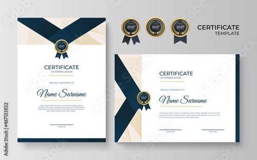 Modern elegant luxury gold and blue diploma certificate template. Certificate of achievement template with gold badge, border, and luxury pattern for business and corporate. Premium design vector. photo