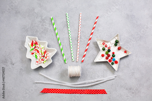 Christmas wreath ormaments from paper straw. Step 1 Materials for manufacturing. photo