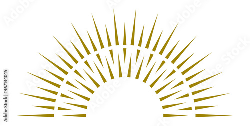 Sunrise icon. Radial light rays. Half circle sunbirst emblem