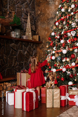 a little girl decorates a Christmas tree with New Year's gifts. christmas card for Christmas and New Year. cozy winter holidays