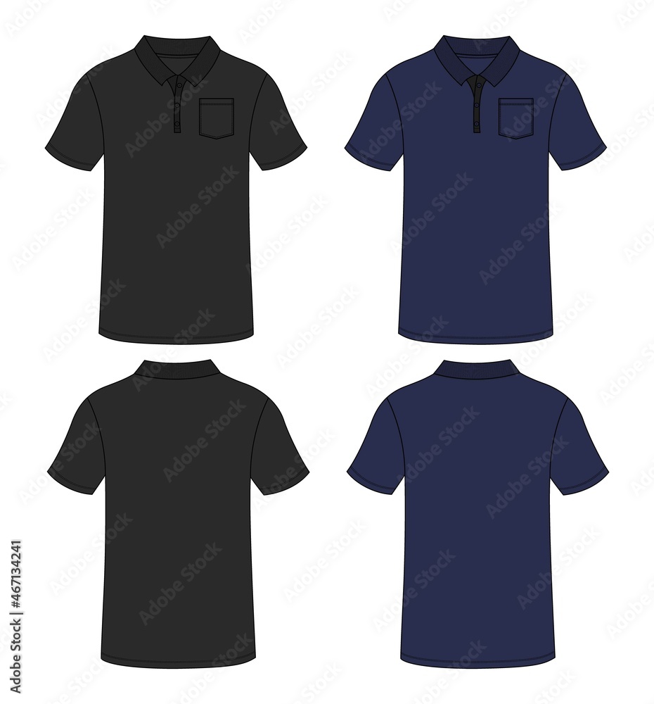 Navy and black Color Polo Shirt With pocket Technical Fashion Flat ...