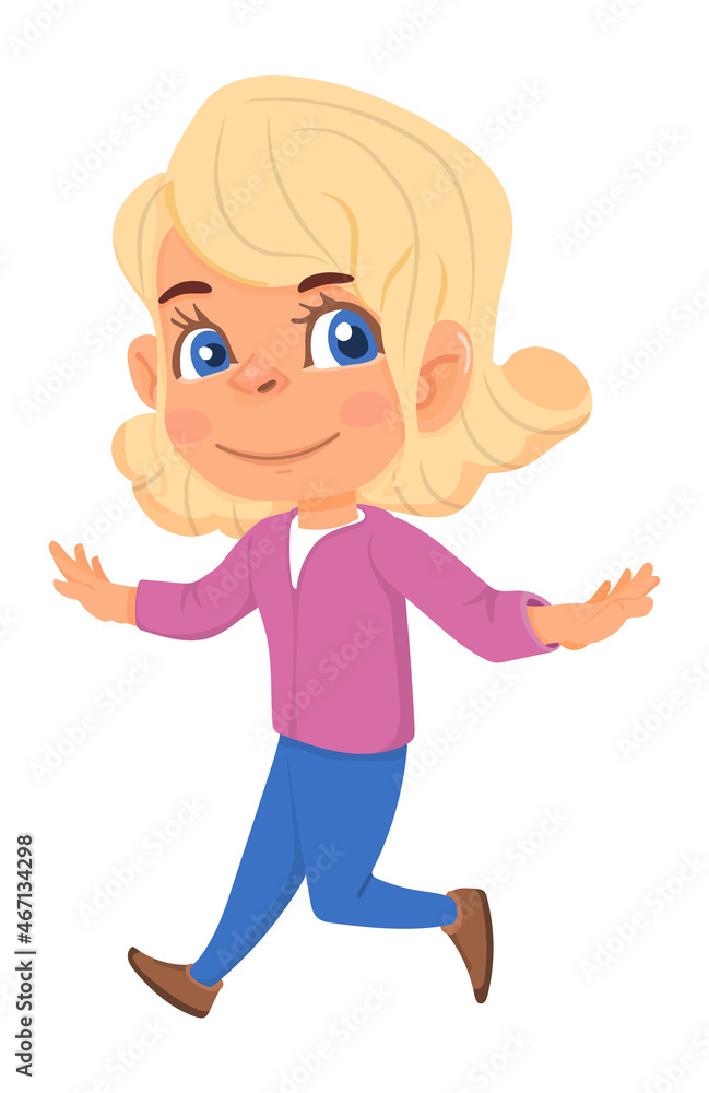 Running girl. Smiling active kid. Fast walking child Running girl. Smiling active kid. Fast walking child