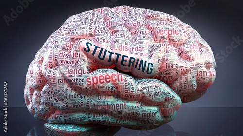 Stuttering in human brain, hundreds of crucial terms related to Stuttering projected onto a cortex to show broad extent of the condition and to explore concepts linked to it, 3d illustration photo
