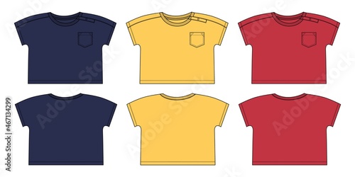 Navy, Yellow, Red Color Short sleeve With Pocket T-shirt Technical sketch fashion Flat template for  Kids. Vector art illustration Clothing mock up front, back view. Apparel Clothing  Dress Design. 