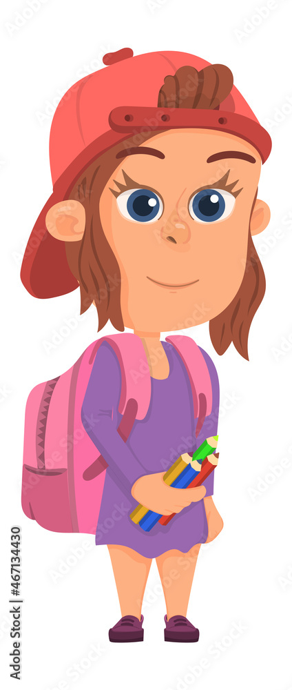 School girl with colored pencils. Creative kid concept School girl with colored pencils. Creative kid concept