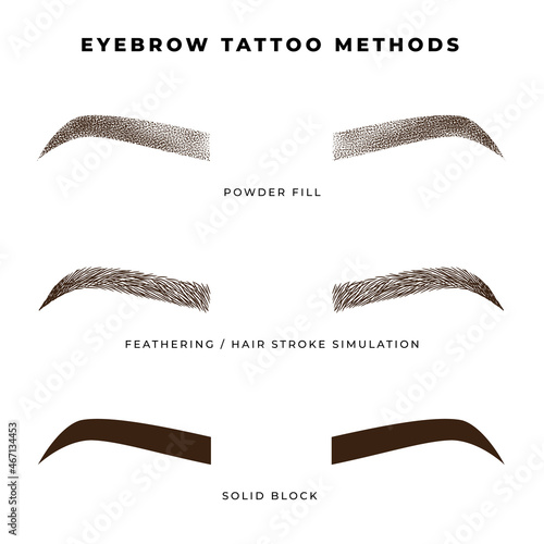 Eyebrow tattooing methods: hair stroke, powder, solid fill. photo