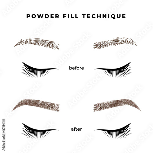 The technique of cosmetic tattoo eyebrows: powder/ombre fill. Brows before and after permanent makeup.