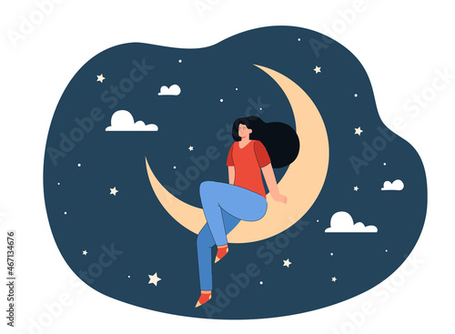 Woman relaxing with calm dreams at night. Girl with long hair sitting on crescent moon among stars and clouds in sky flat vector illustration. Good sleep, self love and care, wellbeing concept