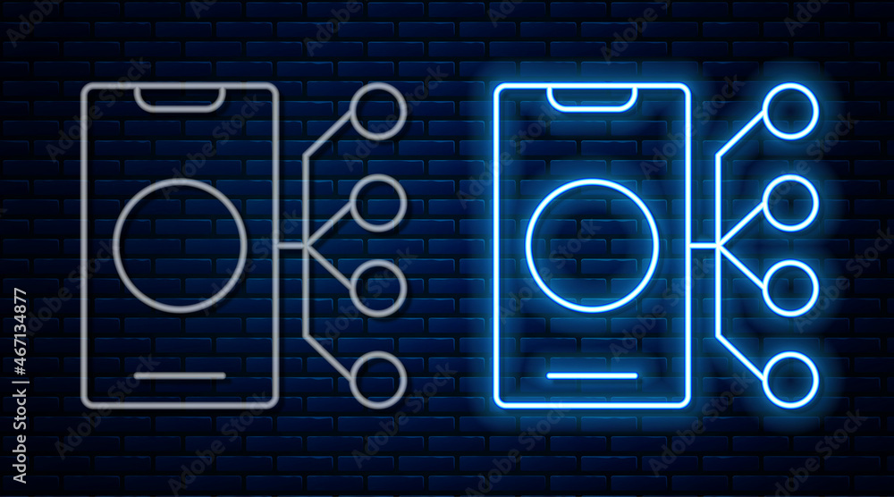 Glowing neon line Neural network icon isolated on brick wall background. Artificial intelligence AI. Vector Glowing neon line Neural network icon isolated on brick wall background. Artificial intelligence AI. Vector