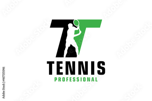Letter T with Tennis player silhouette Logo Design. Vector Design Template Elements for Sport Team or Corporate Identity.
