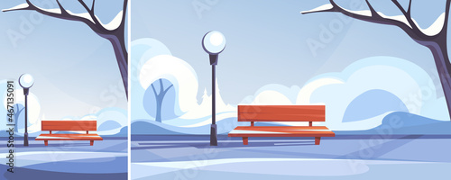 Bench in winter park. Outdoor scene in different formats.