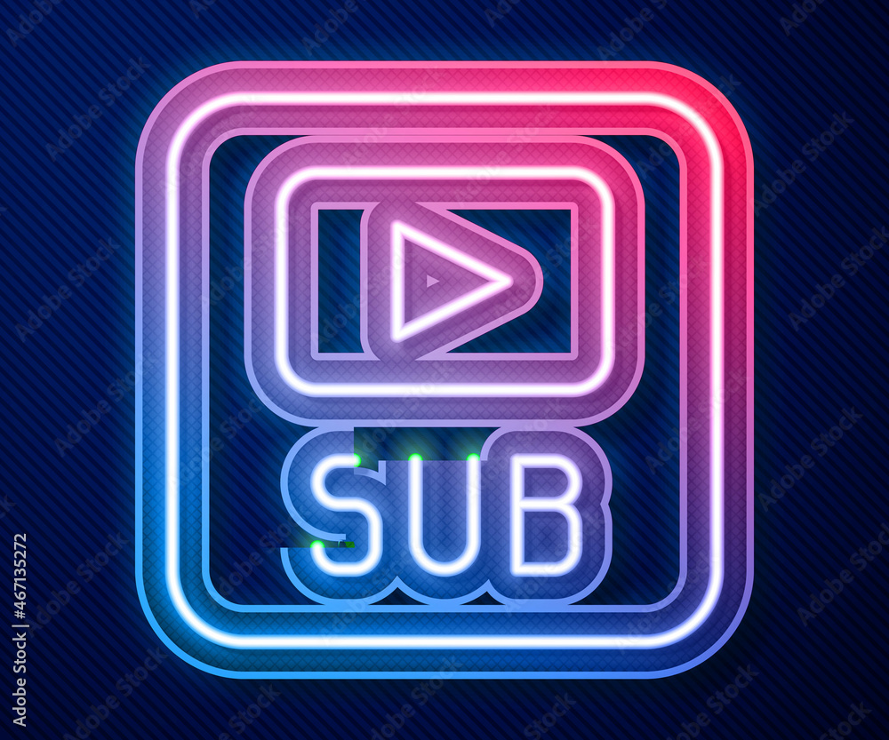 Glowing neon line Video with subtitles icon isolated on blue background. Vector Glowing neon line Video with subtitles icon isolated on blue background. Vector