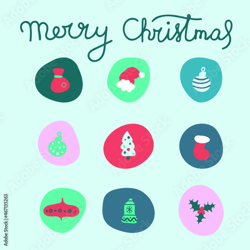 Big set of Christmas and New Year hand drawn logos. Templates for greeting labels, stickers, postcards, tags, posters, prints. Vector doodle colorful illustrations. Seasonal design