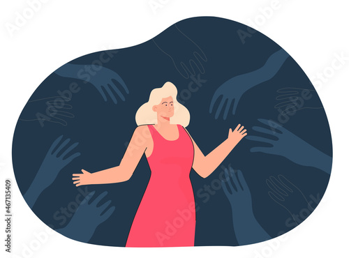 Fear pulling creepy hands to female character. Addicted woman indebted to bad people, attached by power of addiction flat vector illustration. Influence, struggle with manipulation, authority concept