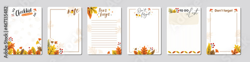 Set of planners and to do list with hand drawn autumn leaves. Template for agenda, schedule, planners, checklists, notebooks, cards and other stationery.