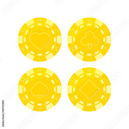 Gold poker chips vip set with card suits hearts, spades, diamonds, clubs. Golden blackjack casino chip icons isolated on white background. Vector flat design cartoon style illustration.