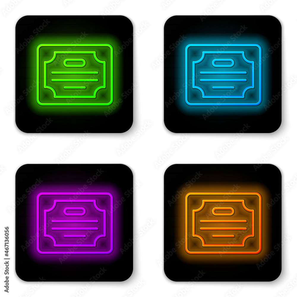 Glowing neon line Certificate template icon isolated on white background. Achievement, award, degree, grant, diploma concepts. Black square button. Vector Glowing neon line Certificate template icon isolated on white background. Achievement, award, degree, grant, diploma concepts. Black square button. Vector