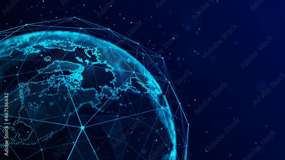 Virtual planet Earth with particles and lines. Network connection big data. Abstract technology background. 3D rendering.