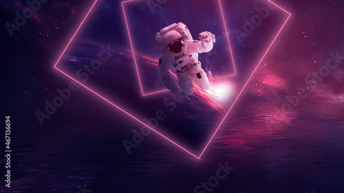 Fototapeta Naklejka Na Ścianę i Meble -  Futuristic space sci-fi abstract background with flying astronaut. Neon abstract space background with nebula and stars. Elements of this image furnished by NASA. 3D illustration.
