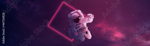 Futuristic space sci-fi abstract background with flying astronaut. Neon abstract space background with nebula and stars. Elements of this image furnished by NASA. 3D illustration.