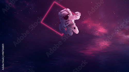 Futuristic space sci-fi abstract background with flying astronaut. Neon abstract space background with nebula and stars. Elements of this image furnished by NASA. 3D illustration. © MiaStendal