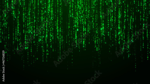 Technology binary code. Random falling digits on screen. Hacked software. Matrix sciense background. Big data analytics. 3D rendering.