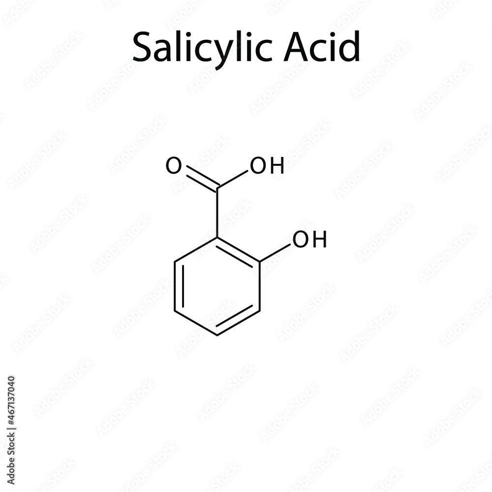 Salicylic acid molecular structure, flat skeletal chemical formula. NSAID drug used to treat ichthyoses, psoriasis. Vector illustration. Salicylic acid molecular structure, flat skeletal chemical formula. NSAID drug used to treat ichthyoses, psoriasis. Vector illustration.