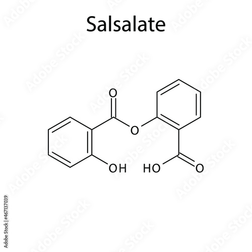 Salsalate molecular structure, flat skeletal chemical formula. NSAID drug used to treat rheumatoid arthritis, osteoarthritis, rheumatic disorders. Vector illustration.