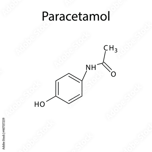 Paracetamol molecular structure, flat skeletal chemical formula. NSAID drug used to treat pain, fever, rheumatic pain. Vector illustration.