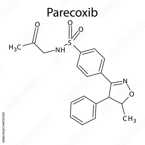 Parecoxib molecular structure, flat skeletal chemical formula. NSAID drug used to treat pain, inflammation. Vector illustration.