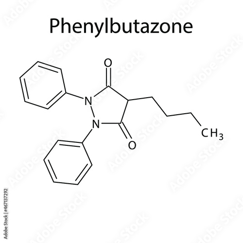 Phenylbutazone molecular structure, flat skeletal chemical formula. NSAID drug used to treat ankylosing spondylitits, rheumatoid arthritis, gout, osteoarthritis, pain, swelling. Vector illustration.