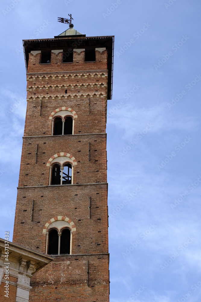 Torre di Asti. Trojan Tower of Asti.The tall tower, also known as the clock tower, is built in red terracotta bricks.  Asti, Piedmont, Italy.