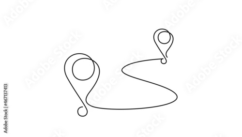 Continuous one line drawing of path and Location pointers. Simple pins on way between two points in thin Linear style. Gps navigation and Travel concept. Doodle vector illustration