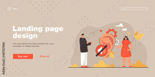 Deaf man and woman communicating through sign language. Disabled people talking, huge ear flat vector illustration. Communication, disability concept for banner, website design or landing web page