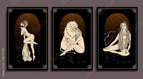 Zodiac signs collection. Mystical silhouettes. Astrological symbols. Illustrations of naked women. Mysterious images in the starry sky. Mythical characters. The element of the signs of the zodiac.
