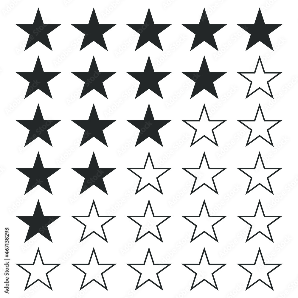 Stars set for ratings. Customer product and service ratings. Icons reviews customer in flat design for apps and websites Stars set for ratings. Customer product and service ratings. Icons reviews customer in flat design for apps and websites