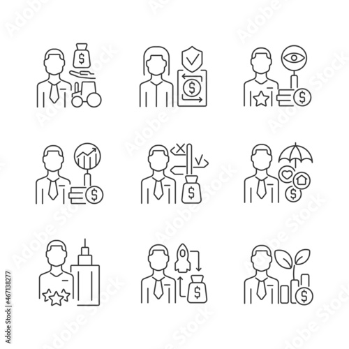 Finance jobs linear icons set. Investment specialists. Financial safety experts. High level executives. Customizable thin line contour symbols. Isolated vector outline illustrations. Editable stroke