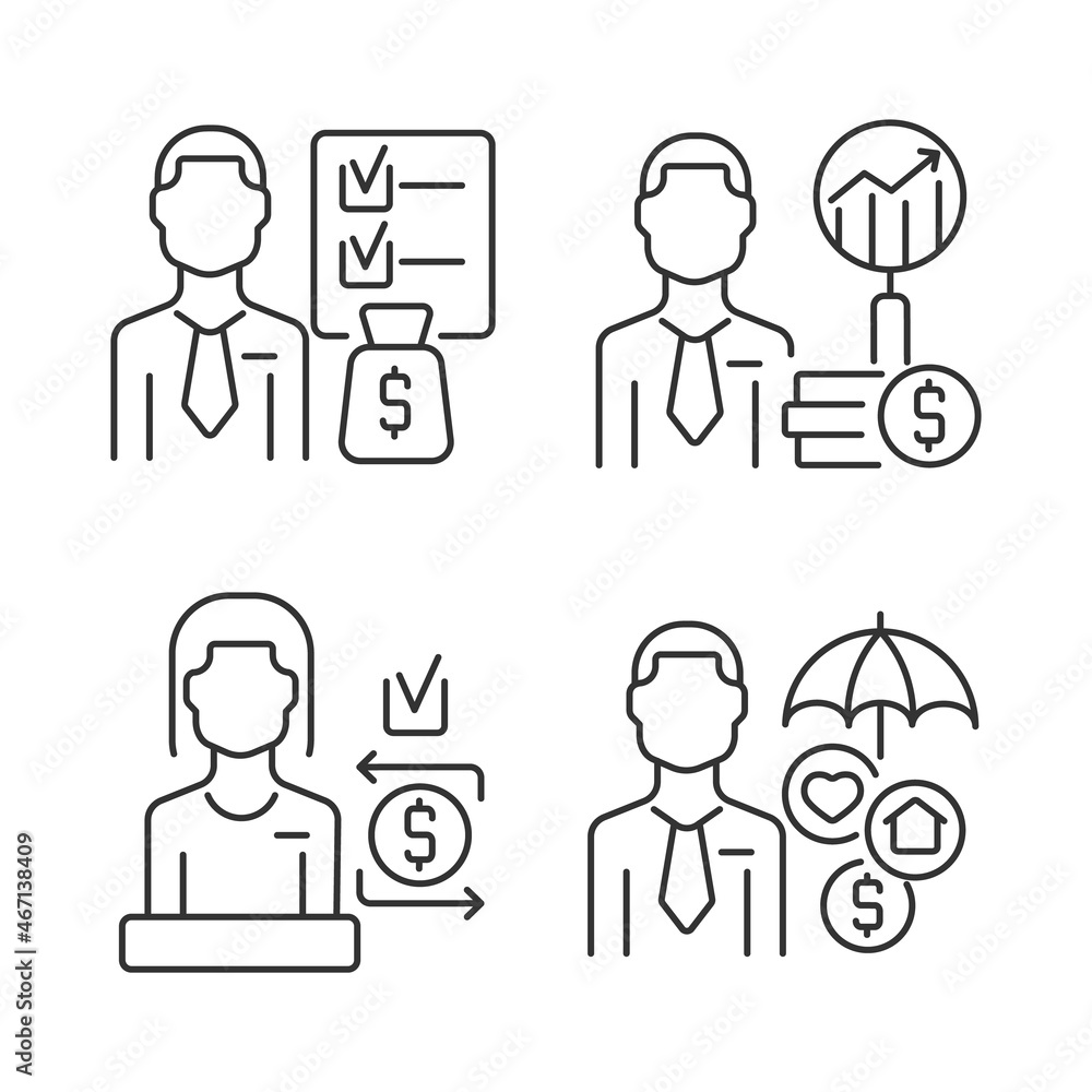 Finance consulting linear icons set. Financial analytics and planning. Customer service specialists. Customizable thin line contour symbols. Isolated vector outline illustrations. Editable stroke Finance consulting linear icons set. Financial analytics and planning. Customer service specialists. Customizable thin line contour symbols. Isolated vector outline illustrations. Editable stroke