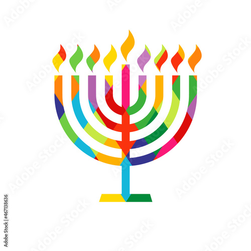 Hanukkah menorah emblem with colored stained glass. Jewish holiday Hanukkah greeting card traditional Chanukah symbol menorah candles lights colorful pattern. Vector template