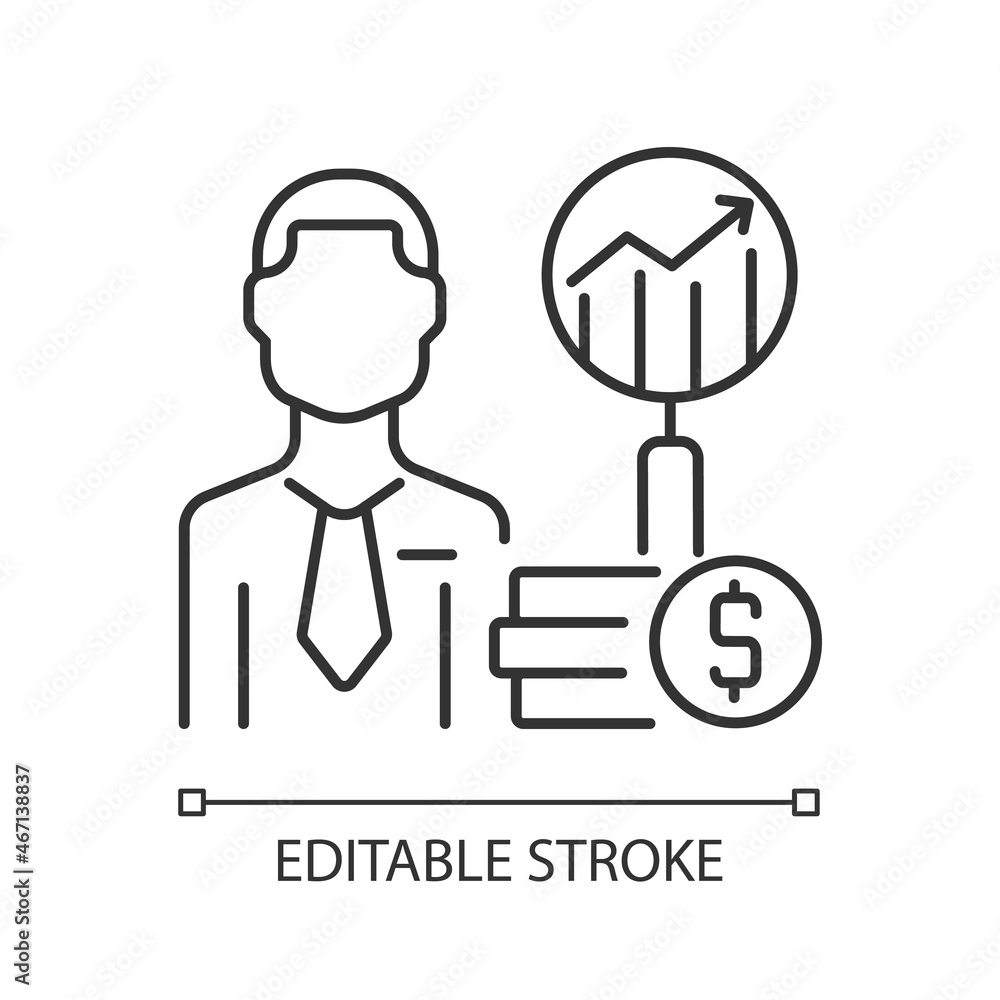 Financial analyst linear icon. Specialist undertaking analysis. Finance data examiner. Thin line customizable illustration. Contour symbol. Vector isolated outline drawing. Editable stroke