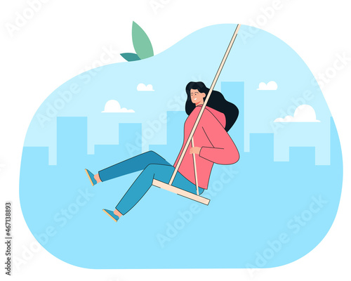 Happy woman sitting on swing, swinging with fun on playground. Adult female person with good mood, lady playing childish game flat vector illustration. Leisure, youth, lifestyle, dream concept