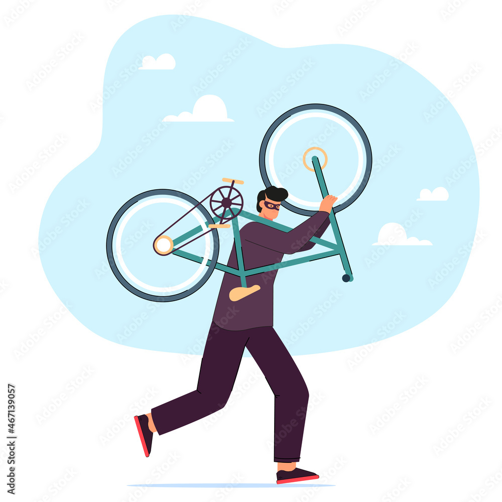 Thief running, man carrying stolen bicycle. Male criminal in mask and hoodie stealing bike from parking with lock flat vector illustration. Theft, surveillance in park, crime and robbery concept