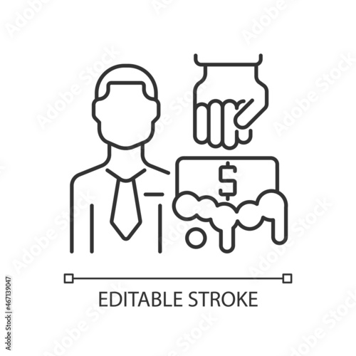 Anti-money laundering auditor linear icon. Independent examiner.Tracking cash specialist. Thin line customizable illustration. Contour symbol. Vector isolated outline drawing. Editable stroke