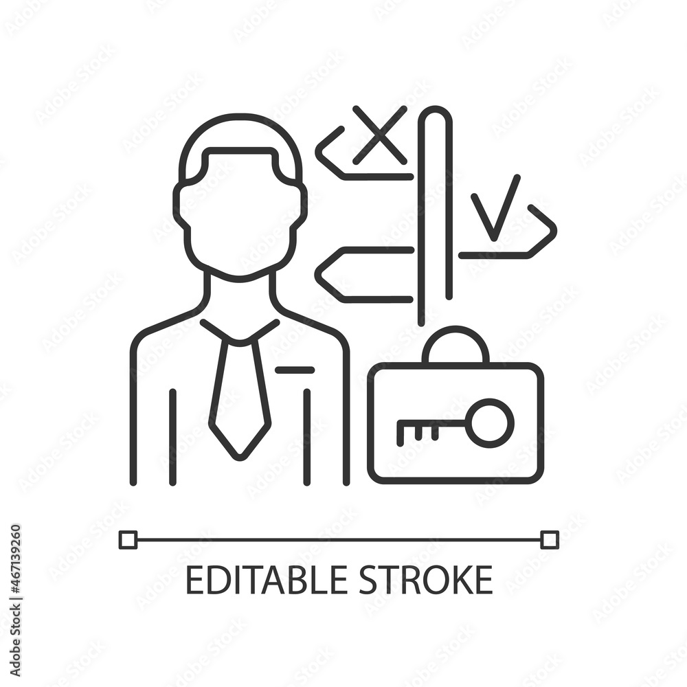 Portfolio manager linear icon. Expert managing portfolio trading. Investing professional. Thin line customizable illustration. Contour symbol. Vector isolated outline drawing. Editable stroke
