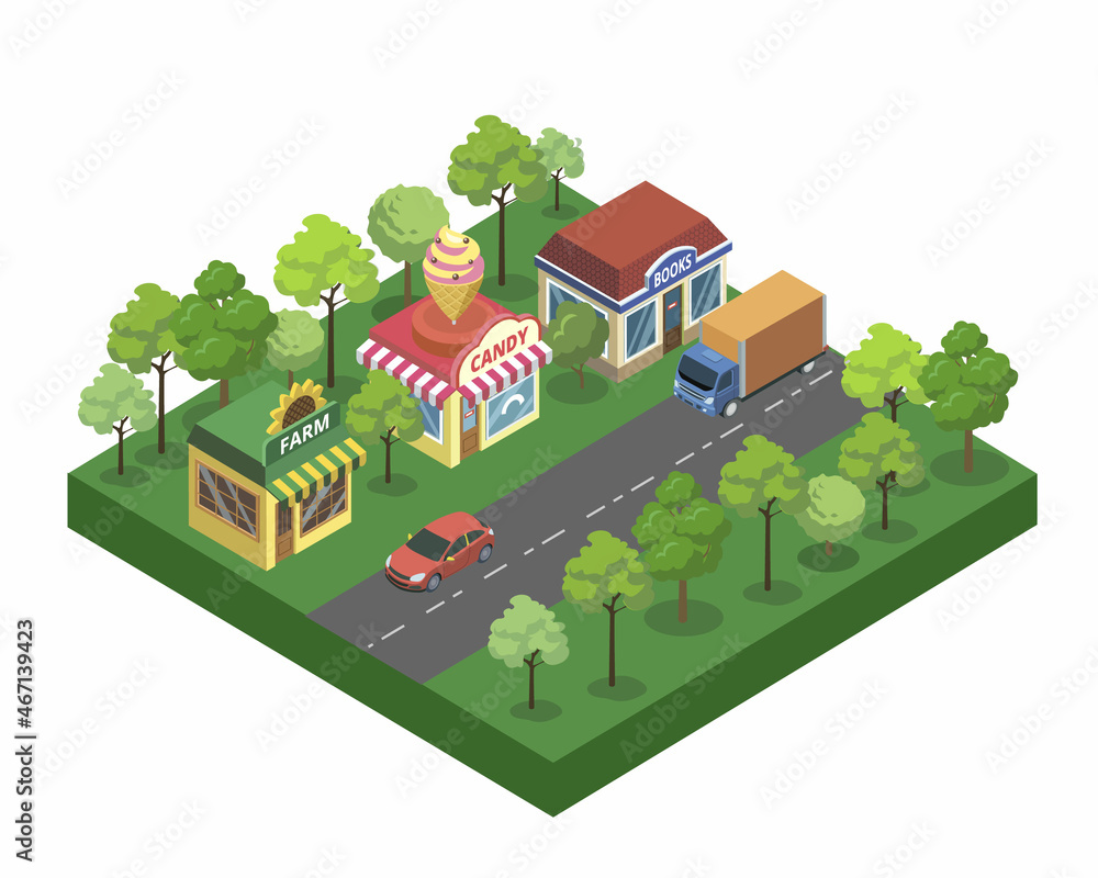 City landscape with a bookstore a pastry shop with sweets City isometric 3d illustration